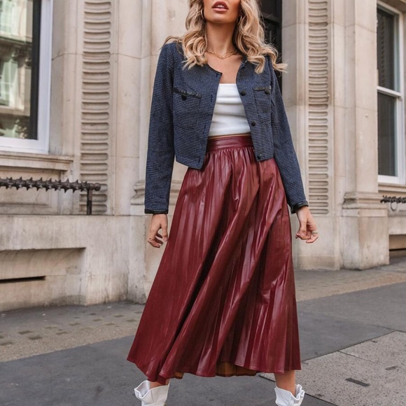 Dresses & Skirts - Wine vegan leather pleated accordion midi SKIRT